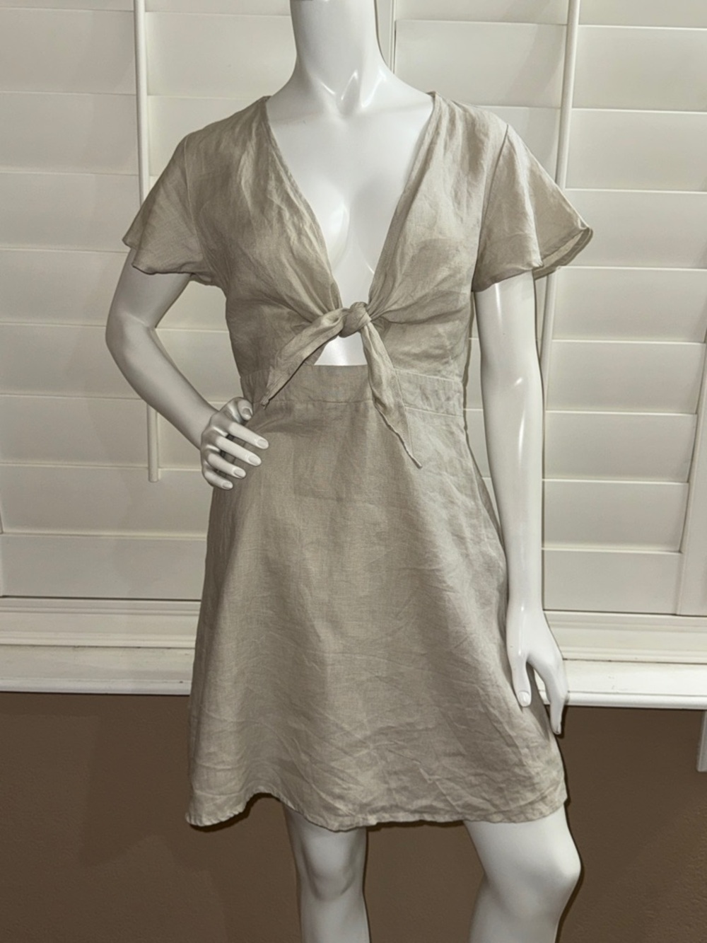 NA-KD Tie Front Linen Dress Beige